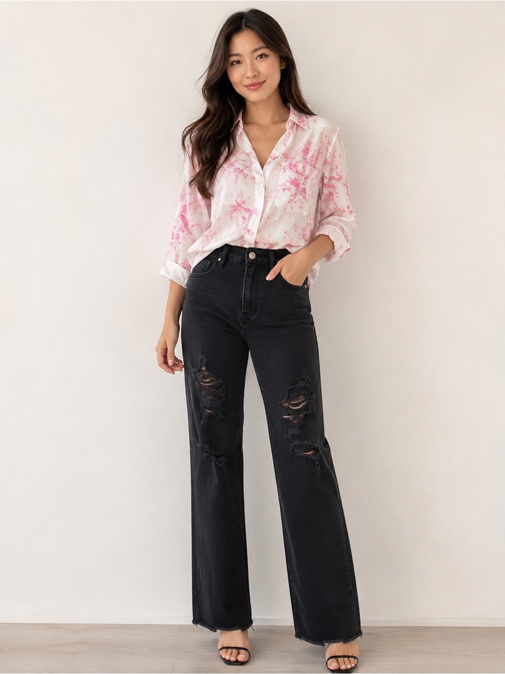 Risen High-Rise Black Wide Leg Distressed Jeans